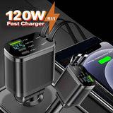 120W Car Charger Fast Charging Retractable Cables 2 Data Cables Universal Plug - Black - Size IP In Australia - Darrahopens