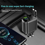 120W Car Charger Fast Charging Retractable Cables 2 Data Cables Universal Plug - Black - Size IP In Australia - Darrahopens