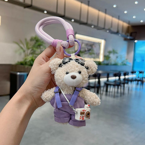 cute teddy bear keychain, plush teddy bear, teddy bear with goggles, teddy bear overalls, fashion keychain, bag charm, cute accessories - Purple - Size 1