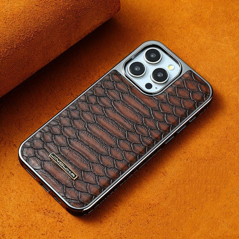 snake-pattern leather phone case, fingerprint-resistant phone case, high-end leather phone case, stylish phone case, durable phone case, Australia - Mocha - Size iPhone 17