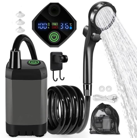 Portable shower pump, equipped with a rechargeable 6000mAh battery - outdoor shower, IPX7 waterproof, with temperature display - suitable for camping, car washing and pet car washing (gray)