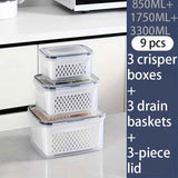 9-piece set (3 containers + 3 lids + 3 draining baskets) plastic food storage box - leak-proof, freezer-safe, reusable multi-functional kitchen storage box, suitable for fruits, vegetables and most foods