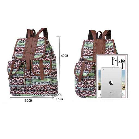 Brown Gray Bohemian Backpack Canvas Backpack Retro Tribal Patterns Leather Strap Backpack