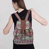 Brown Gray Bohemian Backpack Canvas Backpack Retro Tribal Patterns Leather Strap Backpack