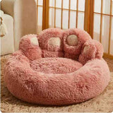 Pink Fluffy Dog Bed with Paw Design, 90cm Diameter