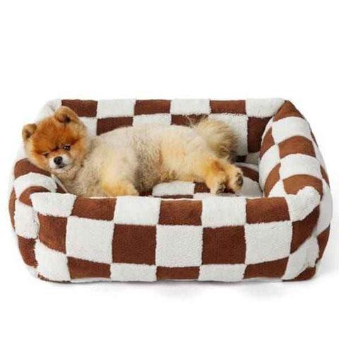 Adorable Square Furry Pet Bed 91x68x20CM with Removable Cover & 5 Bolster Pillows - Brown Checkered