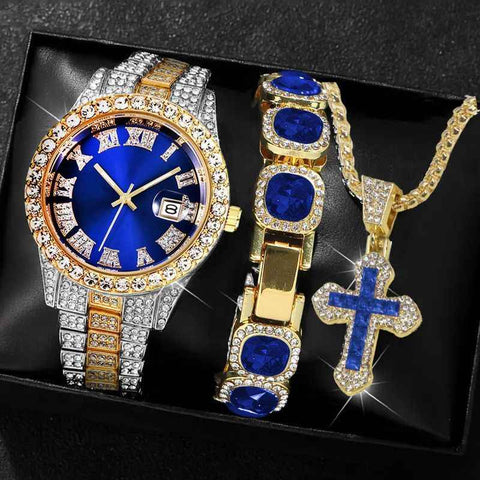 Men'S Watch Set Luxury Men'S Watch Artificial Gemstone Bracelet Cross Necklace - Blue - Size 1 In Australia - Darrahopens