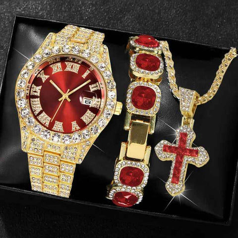 Men'S Watch Set Luxury Men'S Watch Artificial Gemstone Bracelet Cross Necklace - Red - Size 1 In Australia - Darrahopens