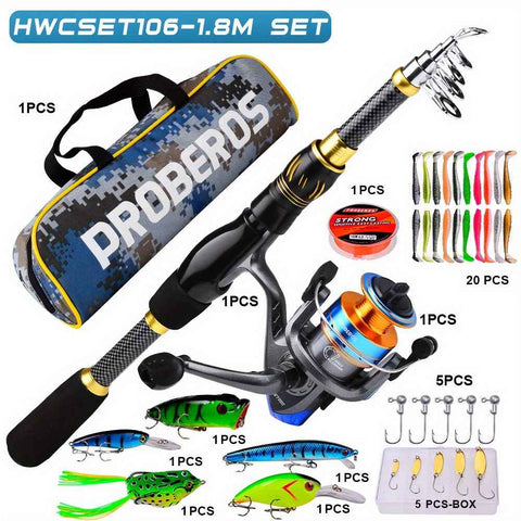 Proberus fishing rod reel set, including spinning reel, 1.8-meter fishing rod, fishing line, artificial bait, lead weight hook, complete set with storage bag