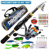 Proberus fishing rod reel set, including spinning reel, 2.4-meter fishing rod, fishing line, artificial bait, lead weight hook, complete set with storage bag