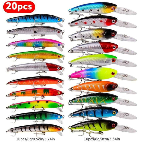 Proberos 20-piece fishing tackle set | hard bait set, suitable for striped bass and bass | scoop hook lure, minnow lure, jumper, pencil-shaped swim bait, fish hook, sea bass lure