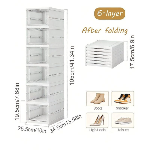 6-Tier Stackable Shoe Storage Box Set, featuring easy-access front-opening waterproof transparent plastic storage bins with no assembly required - perfect for closets and entryways.