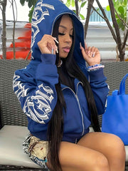 Y2k Hoodie Gothic Streetwear Women'S Zip-Up Jacket Letter Print Hoodie - Blue - Size 2XL(AU 2XL/EU54) In Australia - Darrahopens