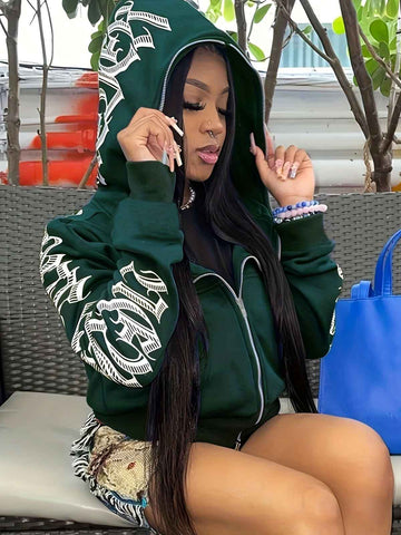 Y2k Hoodie Gothic Streetwear Women'S Zip-Up Jacket Letter Print Hoodie - Dark Green - Size M(AU M/EU48) In Australia - Darrahopens