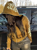 Y2k Hoodie Gothic Streetwear Women'S Zip-Up Jacket Letter Print Hoodie - Coffee - Size 2XL(AU 2XL/EU54) In Australia - Darrahopens