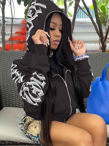 Y2k Hoodie Gothic Streetwear Women'S Zip-Up Jacket Letter Print Hoodie - Black - Size L(AU L/EU50) In Australia - Darrahopens
