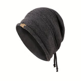 1PCS women's and men's new autumn and winter sheep wool material pure color knitted stackable hat drawstring adjustable cap hoodless hat warm hat cold hat wheat ear embroidery fashionable and versatile model - Black - Size XL(AU XL/EU52)