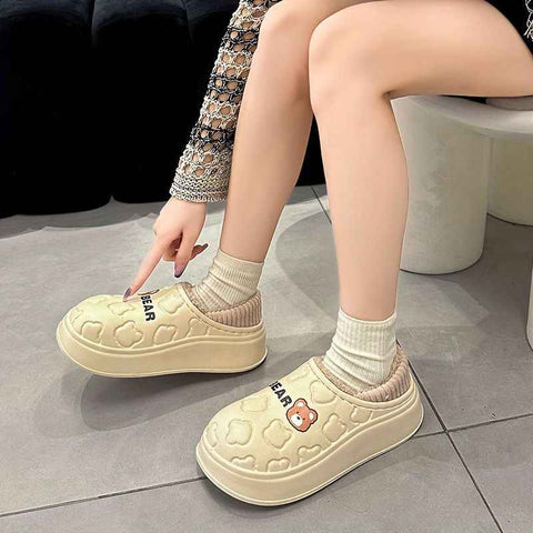 Women's Bear-Patterned Thick Sole Cotton Slippers - Khaki - Size 10(AU10/EU41) In Australia - Darrahopens