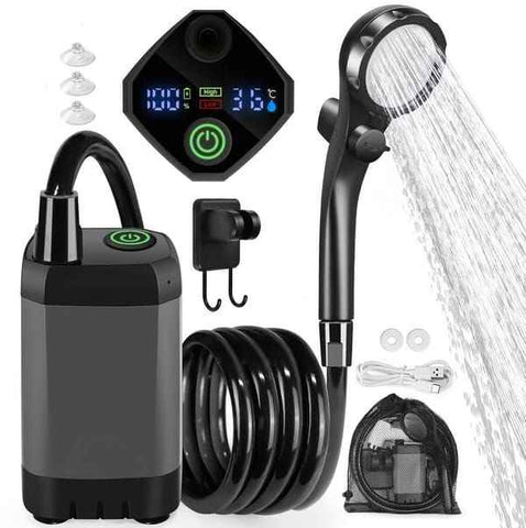 Portable shower pump, equipped with a rechargeable 6000mAh battery - outdoor shower, IPX7 waterproof, with temperature display - suitable for camping, car washing and pet car washing (gray) In Australia - Darrahopens