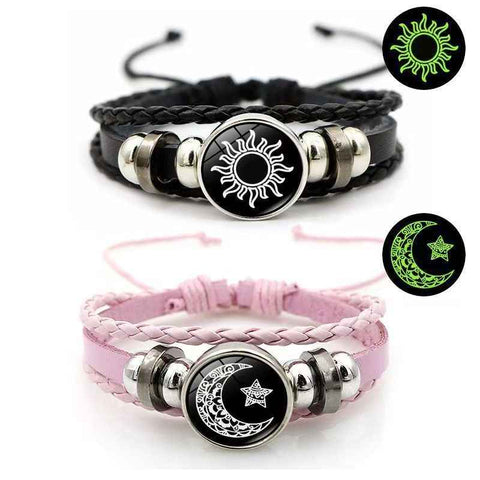 Luminous Sun and Moon Couple Bracelet - Night Light with Woven Leather Jewelry, Suitable for Couples, Adjustable Long Distance Love Gift In Australia - Darrahopens