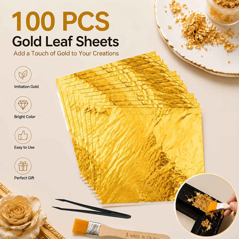 100PCS 24K pure gold leaf art pieces, can be used for painting, resin, gold plating, nail, gold leaf paper for DIY greeting cards, handicrafts, rock painting. In Australia - Darrahopens