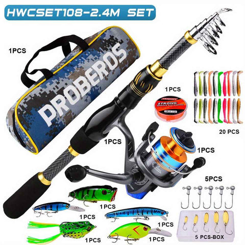 Proberus fishing rod reel set, including spinning reel, 2.4-meter fishing rod, fishing line, artificial bait, lead weight hook, complete set with storage bag In Australia - Darrahopens