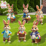 2DFlat, 8pcs Easter Gentleman Rabbit Group Decoration, exquisite shape holding egg basket / carrot rabbit, fashionable dress design outdoor waterproof easy to install props, spring courtyard atmosphere Gentleman Rabbit Group Plaque Decoration