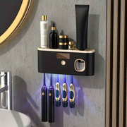 1 Black Gold Smart Toothbrush Organizer, Bathroom Toothbrush Placement and Organization, Automatic Toothpaste Dispenser - Wall Mount, 5-Slot Storage, Durable Plastic, USB Rechargeable Lithium Battery, Modern Bathroom Organization and Home Decor