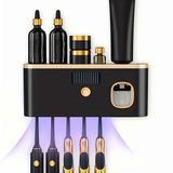 1 Black Gold Smart Toothbrush Organizer, Bathroom Toothbrush Placement and Organization, Automatic Toothpaste Dispenser - Wall Mount, 5-Slot Storage, Durable Plastic, USB Rechargeable Lithium Battery, Modern Bathroom Organization and Home Decor