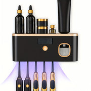 1 Black Gold Smart Toothbrush Organizer, Bathroom Toothbrush Placement and Organization, Automatic Toothpaste Dispenser - Wall Mount, 5-Slot Storage, Durable Plastic, USB Rechargeable Lithium Battery, Modern Bathroom Organization and Home Decor