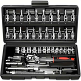 Basic automotive repair manual tool set, including a set of mechanical tools, including ratchet handle, extension pole, universal joint, slider, SAE and metric sockets, hex wrench, and plastic toolbox, excluding batteries. Uncharged manual tool set