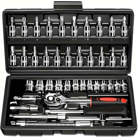Basic automotive repair manual tool set, including a set of mechanical tools, including ratchet handle, extension pole, universal joint, slider, SAE and metric sockets, hex wrench, and plastic toolbox, excluding batteries. Uncharged manual tool set