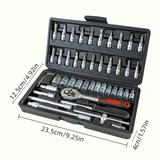 Basic automotive repair manual tool set, including a set of mechanical tools, including ratchet handle, extension pole, universal joint, slider, SAE and metric sockets, hex wrench, and plastic toolbox, excluding batteries. Uncharged manual tool set