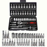 Basic automotive repair manual tool set, including a set of mechanical tools, including ratchet handle, extension pole, universal joint, slider, SAE and metric sockets, hex wrench, and plastic toolbox, excluding batteries. Uncharged manual tool set