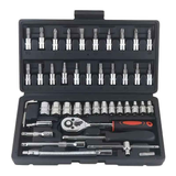 Basic automotive repair manual tool set, including a set of mechanical tools, including ratchet handle, extension pole, universal joint, slider, SAE and metric sockets, hex wrench, and plastic toolbox, excluding batteries. Uncharged manual tool set