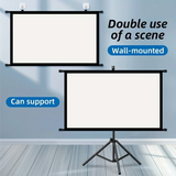 72in Portable and mobile projection screen with tripod stand, 16:9 HD format, suitable for home theater and indoor wall mounting. Made of polyester fabric, easy to set up and use. Ideal for office presentations and home entertainment, ready to use right o