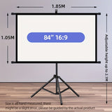 84inPortable and mobile projection screen with tripod stand, 16:9 HD format, suitable for home theater and indoor wall mounting. Made of polyester fabric, easy to set up and use. Ideal for office presentations and home entertainment, ready to use right ou