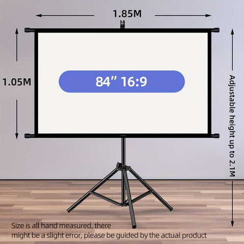 84inPortable and mobile projection screen with tripod stand, 16:9 HD format, suitable for home theater and indoor wall mounting. Made of polyester fabric, easy to set up and use. Ideal for office presentations and home entertainment, ready to use right ou