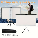 84inPortable and mobile projection screen with tripod stand, 16:9 HD format, suitable for home theater and indoor wall mounting. Made of polyester fabric, easy to set up and use. Ideal for office presentations and home entertainment, ready to use right ou