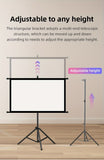 84inPortable and mobile projection screen with tripod stand, 16:9 HD format, suitable for home theater and indoor wall mounting. Made of polyester fabric, easy to set up and use. Ideal for office presentations and home entertainment, ready to use right ou