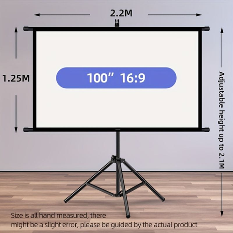 100in Portable and mobile projection screen with tripod stand, 16:9 HD format, suitable for home theater and indoor wall mounting. Made of polyester fabric, easy to set up and use. Ideal for office presentations and home entertainment, ready to use right