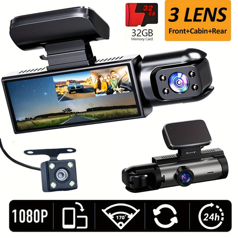 Super Memory Triple Cam Dash Cam! 32GB storage + 1080P HD triple lens, 170° panoramic coverage of front, cabin, and rear, 24/7 protection for your safe journey. In Australia - Darrahopens