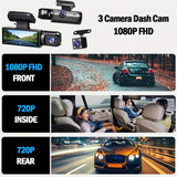 Super Memory Triple Cam Dash Cam! 32GB storage + 1080P HD triple lens, 170° panoramic coverage of front, cabin, and rear, 24/7 protection for your safe journey. In Australia - Darrahopens