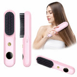 Cordless Hair Straightener Brush, Portable Mini Ionic Hair Straightener with Titanium Plates, USB Rechargeable Travel Straightening Comb for Short, Wavy Hair, Bangs & Quick Touch Ups - Pink - Size 205mm