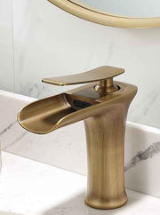 Basin Hot and Cold Water Faucet – Waterfall Spout, Antique Brushed Finish, Short Model, Vintage Bathroom Sink Mixer Tap - Bronze - Size 135mm In Australia - Darrahopens