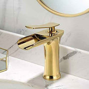 Basin Hot and Cold Water Faucet – Waterfall Spout, Antique Brushed Finish, Short Model, Vintage Bathroom Sink Mixer Tap - Gold - Size 135mm In Australia - Darrahopens