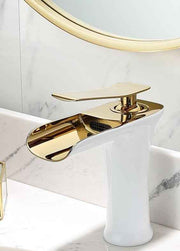 Basin Hot and Cold Water Faucet – Waterfall Spout, Antique Brushed Finish, Short Model, Vintage Bathroom Sink Mixer Tap - White-Gold - Size 135mm In Australia - Darrahopens