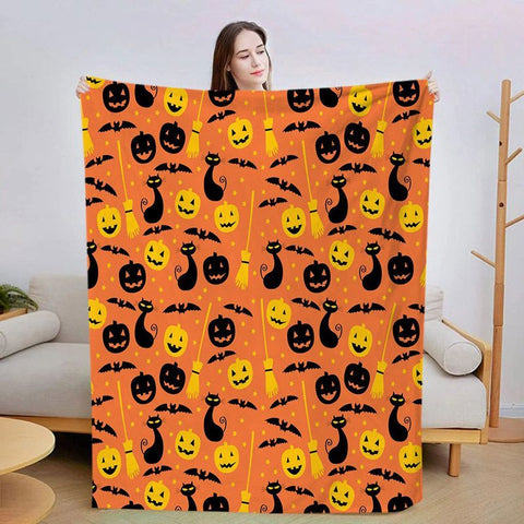 Halloween Throw Blanket Cozy Microfiber Blanket Soft Flannel Throw Festive Home Pumpkin Cat and bat - Orange - Size 70cm*100cm In Australia - Darrahopens