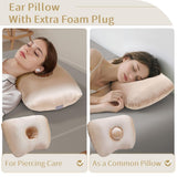 Piercing Pillow - Ear Piercing Pillow With Foam Plug, Adjust Shredded Memory Foam Picrcing Pillow For Side Sleepers, Donut Piliow For Ear With 4.5x4.5''Hole, Ergonomic Curved Design, Satin Champagne | Ear Piercing Pillow For Side Sleepers, Donut Piliow Fo