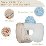 Piercing Pillow - Ear Piercing Pillow With Foam Plug, Adjust Shredded Memory Foam Picrcing Pillow For Side Sleepers, Donut Piliow For Ear With 4.5x4.5''Hole, Ergonomic Curved Design, Satin Pink | Ear Piercing Pillow For Side Sleepers, Donut Piliow For Ear
